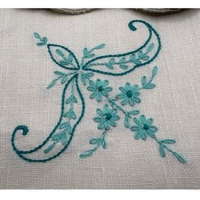 Vintage Hand Embroidered Linen Napkins Set of 4 Scallop Floral Teal Cream 16x16 picture