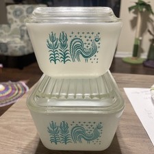 Vintage Butter Print Turquoise Pyrex Glass Refrigerator Dish Set picture