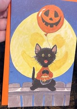 Vintage 1991 Suzy’s Zoo Halloween Greeting Card Black Cat Pumpkin Unused NOS picture