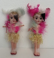 Vintage 1930s Japanese Celluloid Novelty Dolls Pair Feather Costume Japan Marked picture
