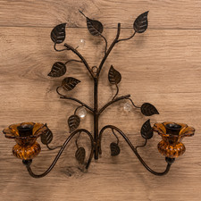 Vintage MCM Iron Wall Sconce Branch W/Leaves & Glass Berries Candlestick Holders picture