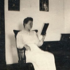 1918 DeKalb, IL Woman Reading Book Rocking Chair Snapshot Photo Parlor Interior picture