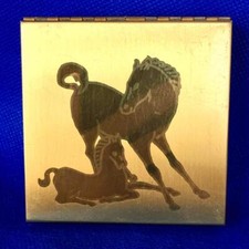 Vtg. Pilcher Gold Tone Combination Powder Compact / Cigarette Case   Horse Deco. picture