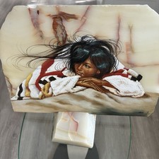 Signed Hand-Painted Native American Portrait on Natural Onyx Stone Slab 14x10 in picture