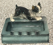 Vintage 1950's Glazed Ceramic Boston Terrier Dog Ashtray L & M Inc Dark Teal picture