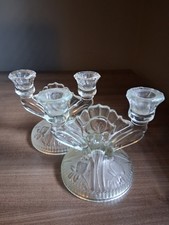 2 Jeannette Iris & Herringbone Clear Double Glass Candlestick Holders picture