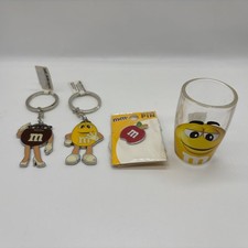 M&M's Collectible Lot 4Pcs Enamel Keychains Red Apple Pin Yellow Shot Glass picture