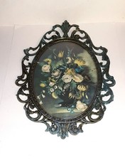 Vtg Italian Victorian Style Oval Brass Filigree Frame Floral Print Convex Glass picture