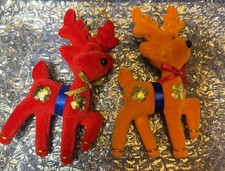Vtg 1960s Flocked Christmas Reindeer Ornaments Pair Orange Rare & Red Deer picture