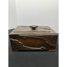 Vintage Hand Carved Wood Jewelry Box Art Nouveau Floral Glass Lined Chest picture