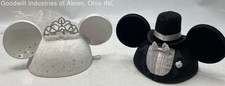 Disney Mickey Mouse Wedding Bride Groom Ear Hat Set 2PC White Black Veil Tiara picture
