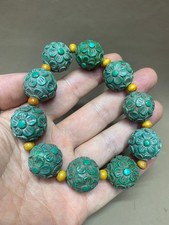 Tibetan Natural Turquoise Hand Carved *Flower* 20mm Dzi Beads Prayer Bracelet picture