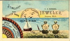 Victorian Trade Card Jeweler Saranac Michigan Boss Patent Watch Case Ocean Moon picture