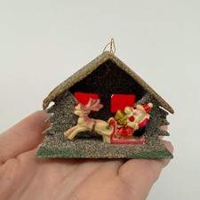Vintage Putz House Ornament Unisex OS Brown Good Santa Sleigh Reindeer Glitter picture