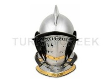 18G Medieval Warrior Knight Burgonet Armour Helmet w/Brass Accents - SILVER picture