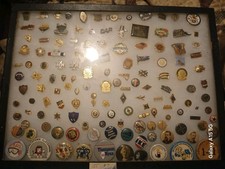 HUGE Vintage Collection of Enamel Pin Badges  Including DISPLAY CASE  picture