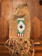 Vintage Leather Beaded Drawstring Bag Native American Style Fringe Pouch picture