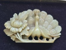 Vintage Chinese carved stone peacock w flower 3.5x 2.25