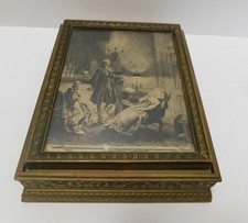Antq. Victorian Print Mirrored Wooden Jewelry, Trinket, (Hurd's) Stationary Box picture