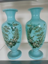 Pr Antique Bohemian Turquoise Opaline Vases Hand Enameled Floral Harrach picture