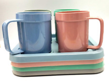 Vintage Am Pro Line Snack Set Mug & Plate Plastic 80s Pink Blue Grey Green picture