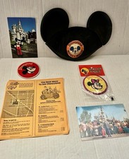 Lot of 6 Vntg DISNEYLAND 1980s Visit Mickey Ears, 2 Patches, 2 Postcards, Pk Map picture