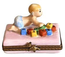 LIMOGES France PEINT MAIN Trinket Box-BABY PLAYING w/BLOCKS-PV MARQUE DEPOSEE picture