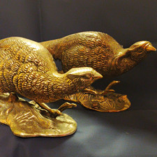 Matching Pair Vintage Cast Bronze Pheasant Birds Heavy Art Nouveau Sculptures picture