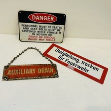 VTG Metal, Plastic Fire Department Signs Plaques Auxiliary Drain Danger Lot Of 3 picture