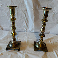 Vintage Solid Brass Candlesticks Pair Tall Square Base Traditional Candle Holder picture