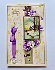 Antique Silk Appliqué Ribbon Embossed Birthday Postcard Pansies c1910 Germany picture