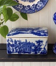 Vintage Victoria Ware Blue White Porcelain Lidded Box Chinoiserie Scenic Decor picture