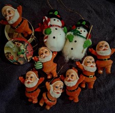 Vintage Plastic Flocked Felt Christmas Santa Ornaments and Snowmen picture