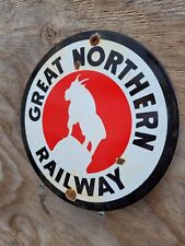 VINTAGE GREAT NORTHERN RAILWAY PORCELAIN SIGN GAS MOUNTAIN TRAIN RAILROAD OIL picture
