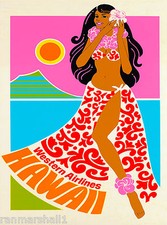 Hawaii Oahu Hawaiian United States Western Air Vintage Travel Poster Print picture