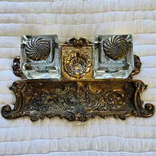 Vintage Double Glass Ink Well Cast Brass Art Nouveau Style 1978-1979 picture