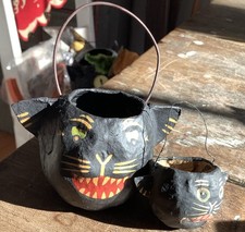 2 Bethany Lowe Virginia Betourne Black Cat Halloween Candy Buckets Paper Mache picture