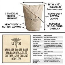 NEW US ARMY LARGE BIG 36 x 36 Laundry Bag Self Closing Ropeless White Canvas picture