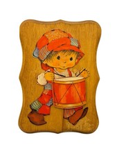 VTG 1970s Holly Hobbie Style Wood Wall Plaque Boy Drum 3D Decoupage Art 7x5” picture