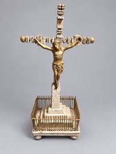 Antique Folk Art Standing Crucifix Carved Wood Cross Gold Christ Fenced Base picture