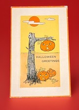 Rare Gibson Art Co Halloween Postcard 3 Jack O Lanterns Pumpkin Tree Antique picture
