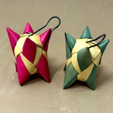 2 Vtg Handwoven Palm Leaf Star Ornaments Woven Straw Folk Art Pink Green Mexico picture