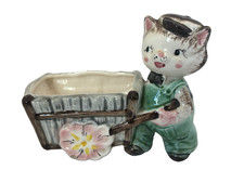 Vtg Wales Cat w/ Cart Planter w/ Japan Sticker Anthropomorphic Kitsch Nursery EC picture
