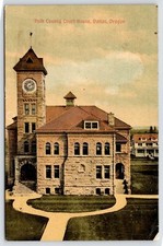 Dallas Oregon~Closeup of Stone Courthouse Clocktower~2:40 PM~Home Behind c1909 picture