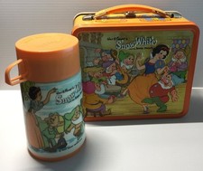 Vintage 1970s Walt Disney Snow White & Seven Dwarfs Aladdin Lunch Box & Thermos picture