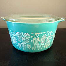 Pyrex Amish Butterprint Turquoise/White Glass Mixing Bowl w/ Lid 7in no chips picture