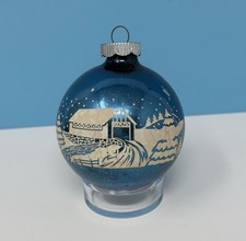 Vintage Shiny Brite Stenciled Ornament Snowy Winter Scene, Covered Bridge, Blue picture