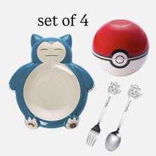 Pokemon Cafe SNORLAX Ceramic Plate, Pikachu Fork Spoon Set & Monster Ball Bowl picture