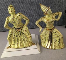 Vtg Mid Century Siamese Thai Dancers Ceramic Figurines - Chartreuse & Gold picture