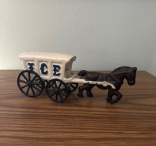 Rare Blue and White Vintage Horse Drawn Cast Iron Ice Wagon picture